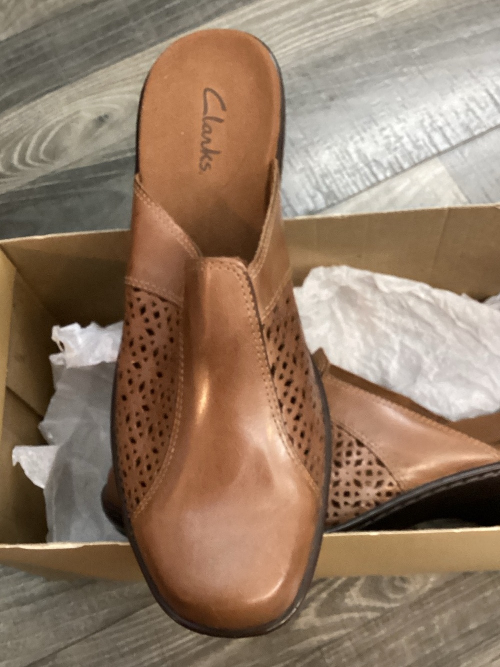 Clarks Tan Leather Perforated Slip-On Mule